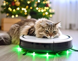 Cat resting on robot vacuum near Christmas tree