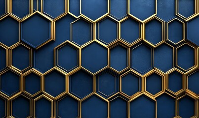 Luxury art deco seamless pattern with gold hexagon and striped line on blue background . illustration