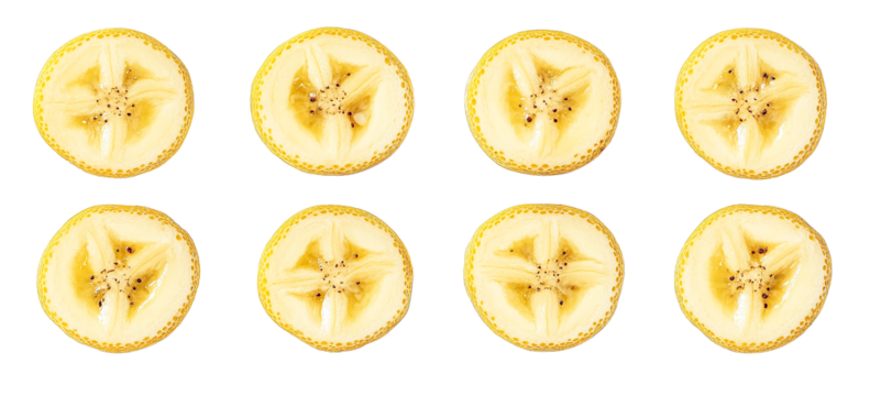 Eight banana slices arranged in a grid pattern isolated on transparent PNG