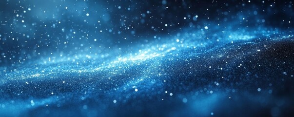 Abstract Christmas blue background with falling snow and snowflakes, magical winter sky with heavy snowfall, fantasy shining snowy backdrop,