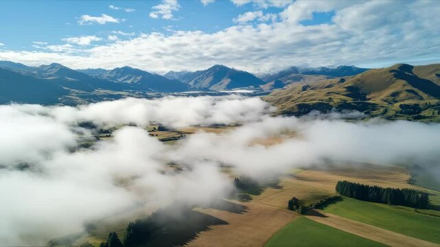 Stunning vistas of mountains and valleys under a blanket of clouds in New Zealands scenic landscape
