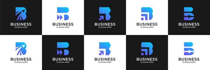 Set of abstract letter B arrow logos. Modern minimal initial B usable for business, financial and technology.