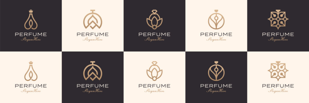 Minimalist elegant perfume logos and icons set. Abstract perfume bottles with line art style.