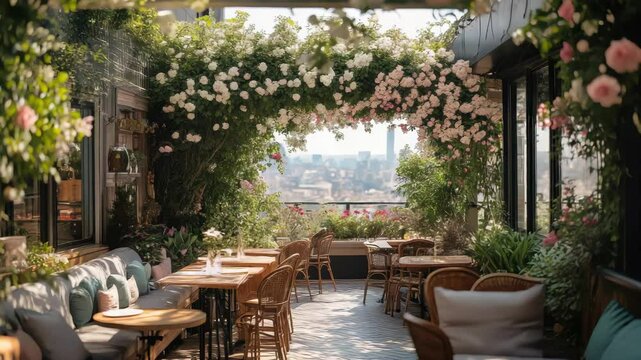 Elegant rooftop garden cafe with blooming flowers and stunning city view during sunny afternoon