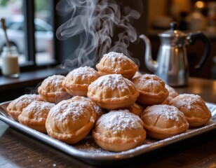 Freshly Baked Pastries with Powdered Sugar and Steam Rising