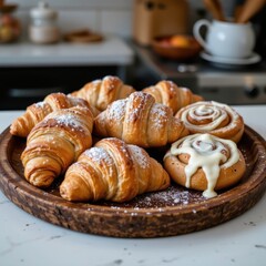 Fototapeta premium Freshly Baked Pastries on Wooden Plate in Cozy Kitchen Setting