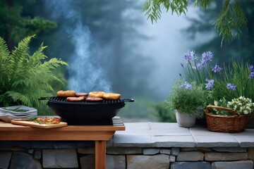 Grilling burgers and buns outdoors on a misty day