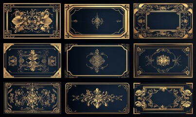 Set of rectangle subtle gold frame horizontal border in oriental style with 15x8 scale ratio for web presenation, video thumbnail,card,banner,