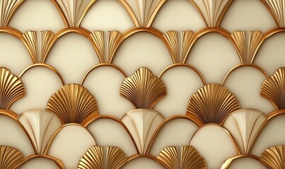 Luxury geometric seamless art deco pattern gold hexagon with striped line on beige background.  illustration