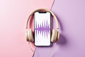 Smartphone displaying sound waves with headphones on a pastel pink and purple background.