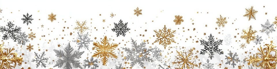 Christmas and Happy New Year snowflake seamless border, festive ornate style repeat backdrop with grey and gold snowflake and star confetti isolated on white background, png white