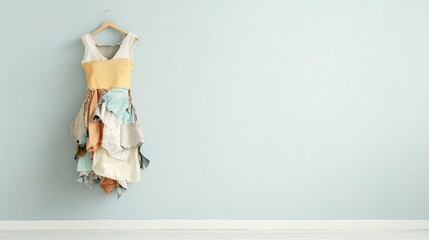 Upcycled Textile Dress, Eco-friendly fashion showcase, neutral backdrop for branding and messaging, promoting sustainability and ethical practices