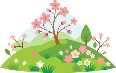 Spring hill with blooming flowers