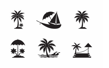Summer Vacation Silhouette Set Beach, Sun, and Palm Clipart