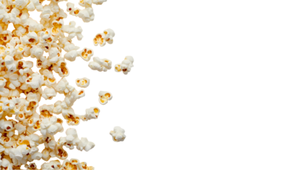 A close up shot of popcorn on the left side of the frame   with copy space isolated on transparent background