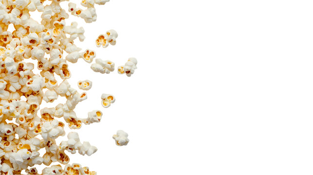A close up shot of popcorn on the left side of the frame   with copy space isolated on transparent background