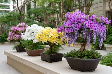 Bonsai trees with colorful flowers decorating a garden