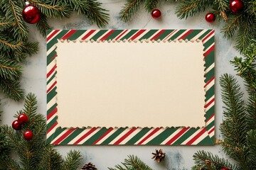 Blank airmail envelope frame, border with green and red striped line in christmas theme with 6x4 scale ratio for decoration, cutout, isolated