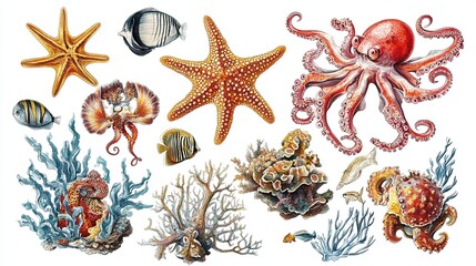 Colorful marine life illustration, featuring starfish, octopus, fish, and coral