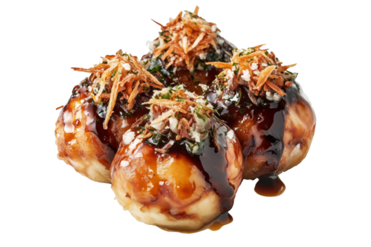 Japanese takoyaki ball topped with thick sauce, green onions, and bonito flakes, isolated on white transparent background, concept of street food