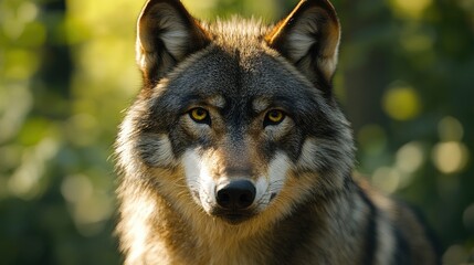 Obraz premium A close-up of a grey wolfâ€™s piercing eyes, highly detailed fur, blurred green forest backdrop, photorealistic style 