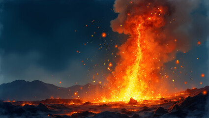 High-Speed Capture of a Volcanic Lava Burst Erupting at Night: Incandescent Fragments Against Dark Sky - Photo Stock Concept with Empty Space