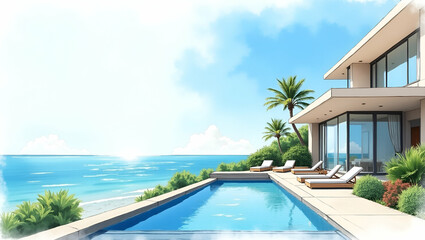 Fototapeta premium beachfront luxury villa exterior featuring glass walls opening to private infinity pool landscaped garden and unobstructed ocean vistas under clear blue skies in Photo Stock Concept and empty space
