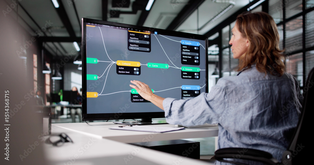 Poster Female Engineer Developing AI Software Using Node Editor