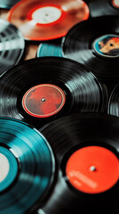 Collection of vintage vinyl records with colorful labels on display