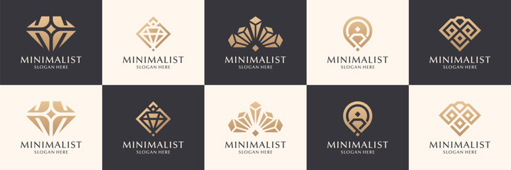 Set of abstract diamond logos. Elegant crystal or gemstone concept usable for business, jewelery and fashion.