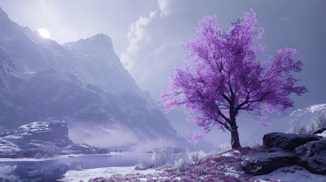 Pink tree winter landscape mountain lake snow