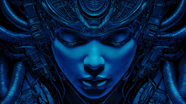 cinematic poster for interstellar saga | conflict of flesh and machine | technological seduction | metallic blues and neons | posterized symmetry | cosmic queens | machinery with depth glow |