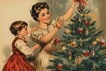 Vintage Christmas card illustration featuring a mother decorating a Christmas tree with her child in a cozy, festive setting during the holiday season