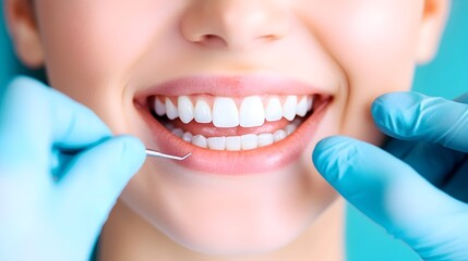 Fototapeta premium Close-up of a woman's bright, healthy smile during a dental examination, with gloved hands gently holding her lips