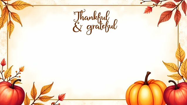 Photo Realistic Harvest Festival Border with Apples, Pumpkins & Autumn Leaves - Thankful & Grateful Wording for Thanksgiving Invitations & Cards