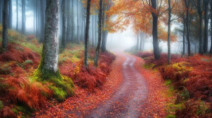 Obraz premium Enchanting autumn path winds through a serene forest. The vibrant oranges and reds blend beautifully with the misty atmosphere. Nature invites you to explore. Generative AI