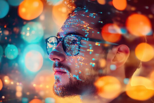 Businessman engaged in analyzing big data insights with a digital overlay of information and colorful lights at an evening workspace