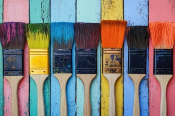 Brightly colored paintbrushes arranged on a vibrant wooden background showcasing artistic tools in an expressive and creative workspace
