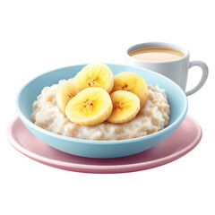 Low sodium concept. Delicious oatmeal topped with fresh banana slices and coffee.