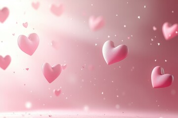 Floating heart shapes create a joyful Valentine's Day atmosphere on a soft pink background with scattered confetti for a warm celebration of love