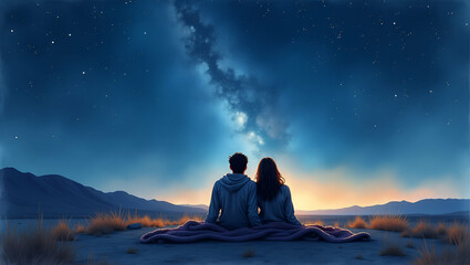 Silhouetted couple reclining on knitted blanket beneath vast starry sky in desert landscape capturing intimate watching stars moment under Milky Way glow in  Photo Stock  Concept  and empty space on t