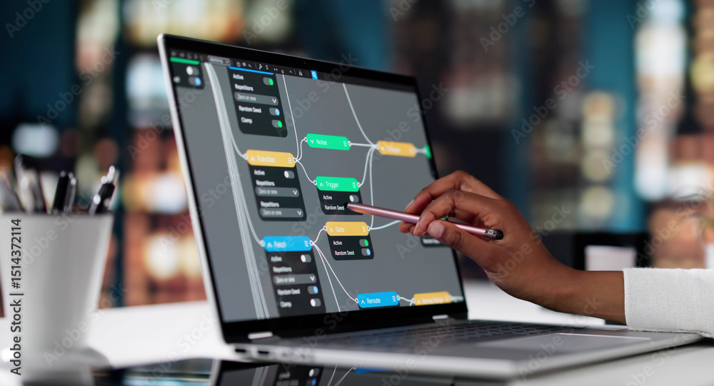 Poster african american female engineer using realtime 3d node editor
