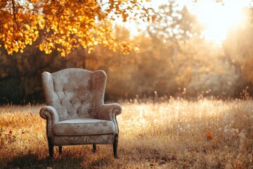 Serene golden hour armchair positioned in a sunlit field surrounded by autumn foliage