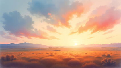 Fototapeta premium Photo realistic as Sunrise and Nightfall Over Plains concept as A timelapse view of sunrise and nightfall over plains set against a whimsical background offering ample space for text or graphics symbo