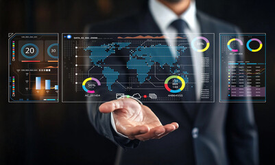 Business Professional Presenting Data Visualizations and Analytics in a Digital Interface for Modern Business Solutions and Strategies