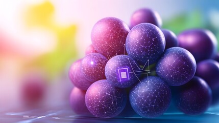 A cluster of dark purple grapes, digitally enhanced with glowing geometric lines and nodes, sits on a reflective surface