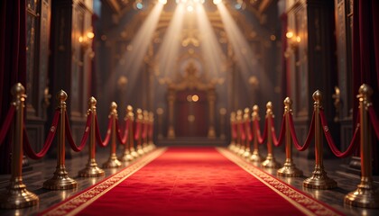 Obraz premium A grand entrance hall with a red carpet and golden stanchions, bathed in a soft, dreamy light.