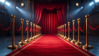 A red carpet, lined with golden stanchions, stretches to a draped stage under bright spotlights.