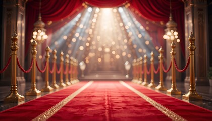 Opulent red carpet leads to a softly lit, grand entrance, evokes a sense of importance and prestige.