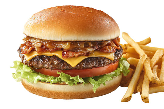 Juicy bacon cheeseburger with crispy french fries isolated on transparent PNG